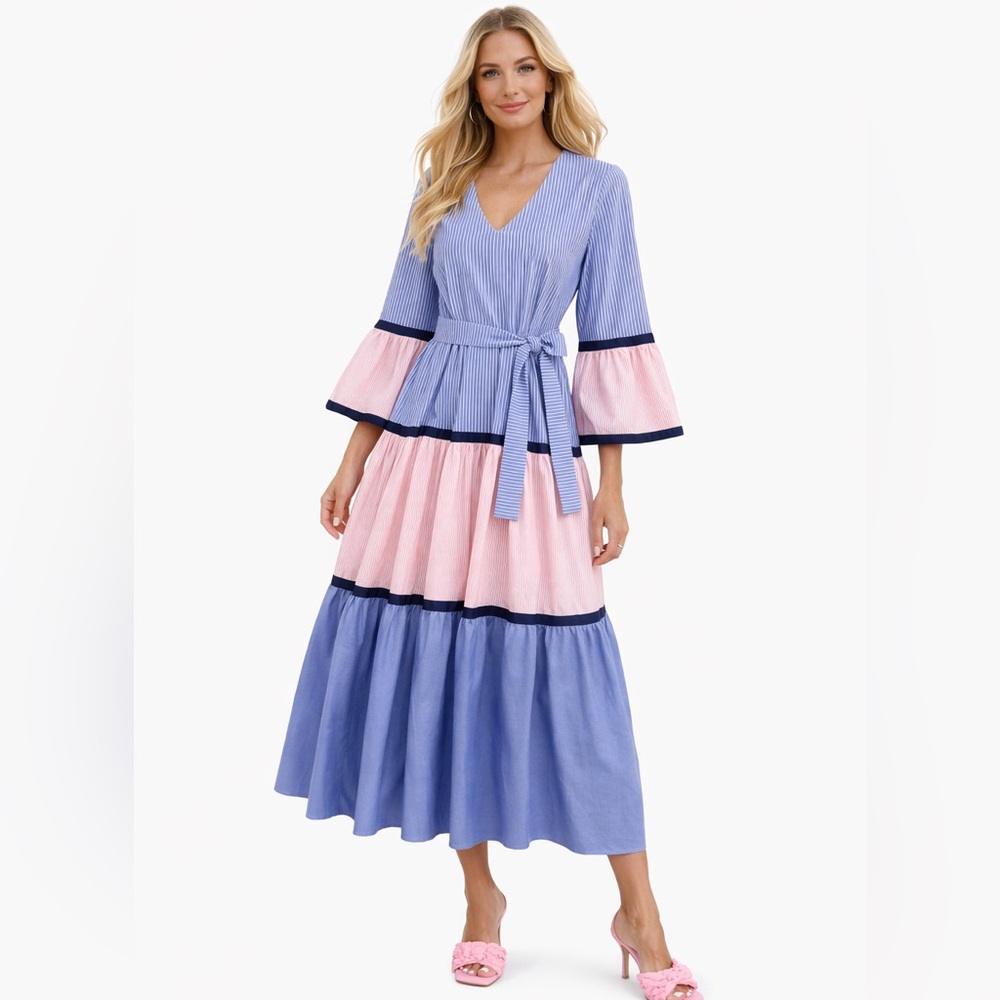 Marielle Phileine NWT Tiered Midi Dress‎ Blue Pink Boho Coastal Resort